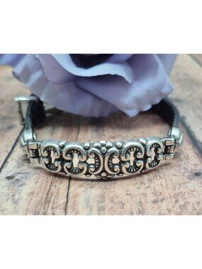 VTG 80's Brighton Black Leather Silver Plated Scroll Bracelet 9" Buckle Clasp